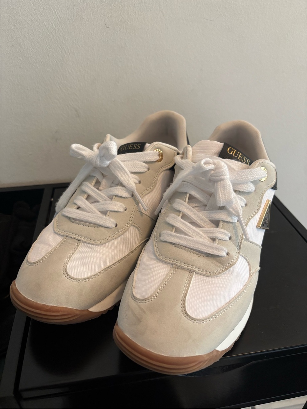 Guess White and Beige Lace-Up Platform Sneakers